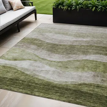5' X 8' Green And Beige Abstract Washable Indoor Outdoor Area Rug