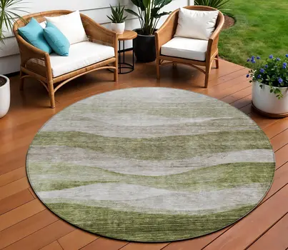 8' Green And Beige Round Abstract Washable Indoor Outdoor Area Rug