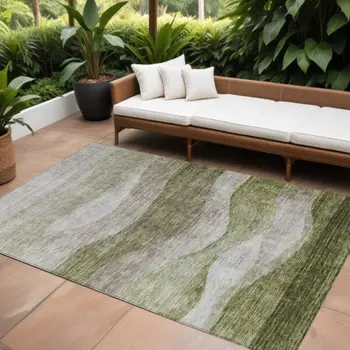 9' X 12' Green And Beige Abstract Washable Indoor Outdoor Area Rug