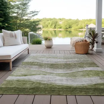 10' X 14' Green And Beige Abstract Washable Indoor Outdoor Area Rug