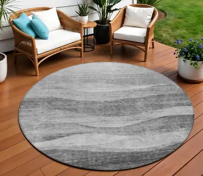 8' Gray And Charcoal Round Abstract Washable Indoor Outdoor Area Rug