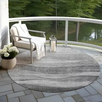 8' Gray And Charcoal Round Abstract Washable Indoor Outdoor Area Rug