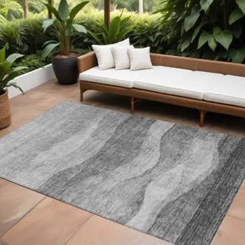 9' X 12' Gray And Charcoal Abstract Washable Indoor Outdoor Area Rug