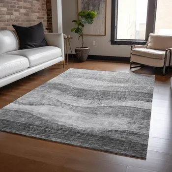 9' X 12' Gray And Charcoal Abstract Washable Indoor Outdoor Area Rug