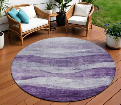 8' Lavender And Purple Round Abstract Washable Indoor Outdoor Area Rug