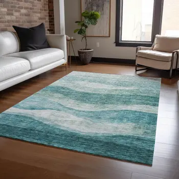 3' X 5' Teal Blue And Aqua Abstract Washable Indoor Outdoor Area Rug