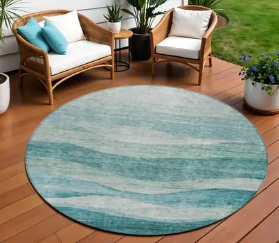 8' Teal Blue And Aqua Round Abstract Washable Indoor Outdoor Area Rug