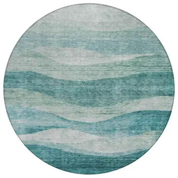 8' Teal Blue And Aqua Round Abstract Washable Indoor Outdoor Area Rug