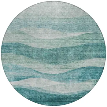 8' Teal Blue And Aqua Round Abstract Washable Indoor Outdoor Area Rug