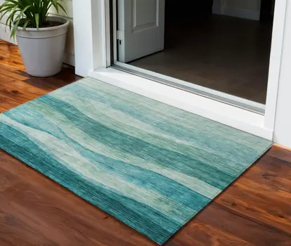 3' X 5' Teal Blue And Aqua Abstract Washable Indoor Outdoor Area Rug