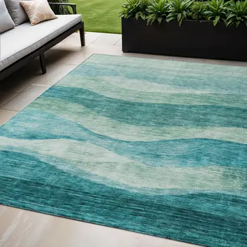 5' X 8' Teal Blue And Aqua Abstract Washable Indoor Outdoor Area Rug