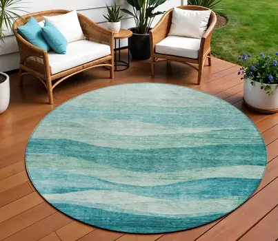 8' Teal Blue And Aqua Round Abstract Washable Indoor Outdoor Area Rug