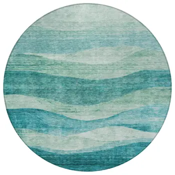 8' Teal Blue And Aqua Round Abstract Washable Indoor Outdoor Area Rug