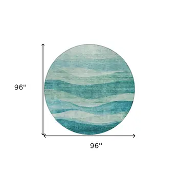 8' Teal Blue And Aqua Round Abstract Washable Indoor Outdoor Area Rug