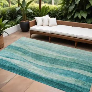 9' X 12' Teal Blue And Aqua Abstract Washable Indoor Outdoor Area Rug