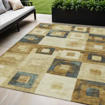 5' X 8' Beige Gold And Denim Blue Geometric Washable Indoor Outdoor Area Rug
