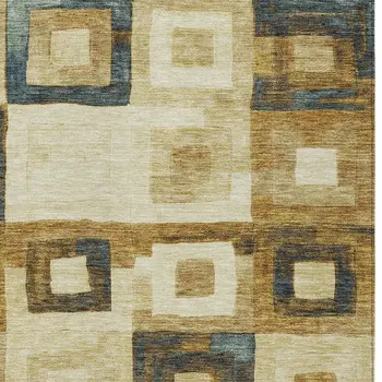 5' X 8' Beige Gold And Denim Blue Geometric Washable Indoor Outdoor Area Rug