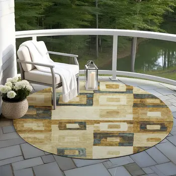 8' Beige Gold And Denim Blue Round Geometric Washable Indoor Outdoor Area Rug