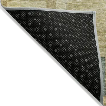 8' Beige Gold And Denim Blue Round Geometric Washable Indoor Outdoor Area Rug