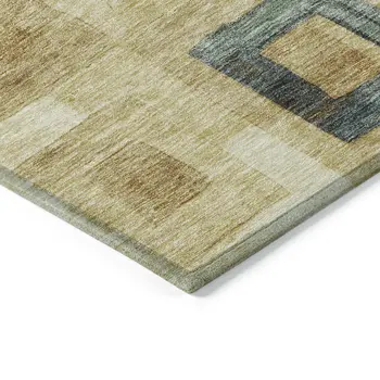 8' Beige Gold And Denim Blue Round Geometric Washable Indoor Outdoor Area Rug