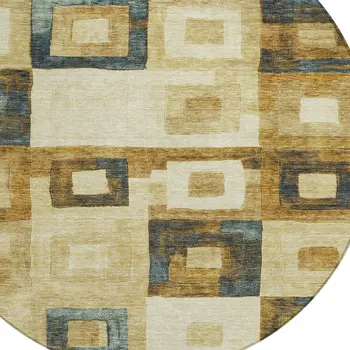 8' Beige Gold And Denim Blue Round Geometric Washable Indoor Outdoor Area Rug
