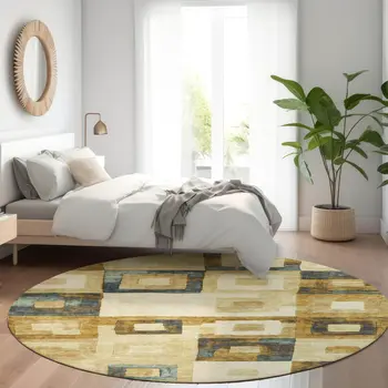 8' Beige Gold And Denim Blue Round Geometric Washable Indoor Outdoor Area Rug