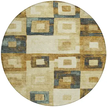 8' Beige Gold And Denim Blue Round Geometric Washable Indoor Outdoor Area Rug