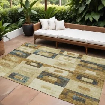 9' X 12' Beige Gold And Denim Blue Geometric Washable Indoor Outdoor Area Rug