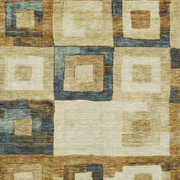 9' X 12' Beige Gold And Denim Blue Geometric Washable Indoor Outdoor Area Rug