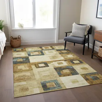9' X 12' Beige Gold And Denim Blue Geometric Washable Indoor Outdoor Area Rug