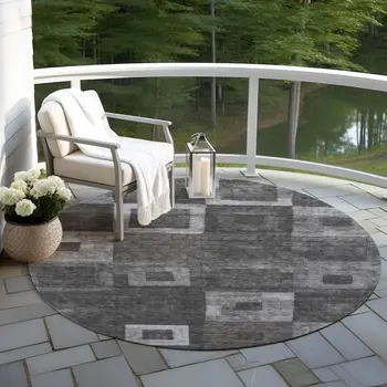 8' Black And Gray Round Geometric Washable Indoor Outdoor Area Rug