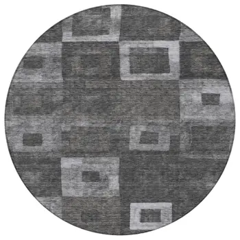 8' Black And Gray Round Geometric Washable Indoor Outdoor Area Rug