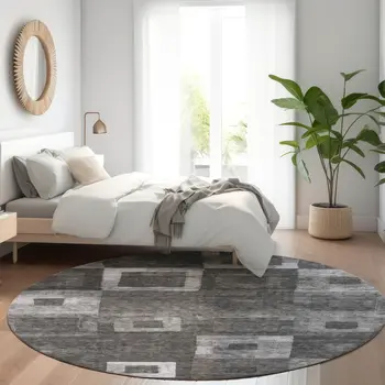 8' Black And Gray Round Geometric Washable Indoor Outdoor Area Rug