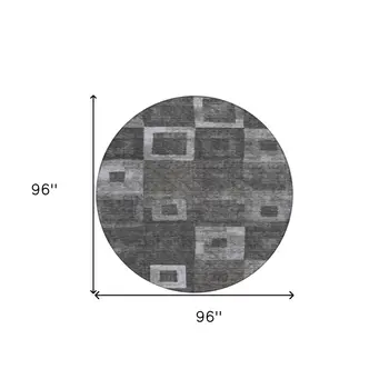 8' Black And Gray Round Geometric Washable Indoor Outdoor Area Rug