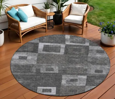 8' Black And Gray Round Geometric Washable Indoor Outdoor Area Rug