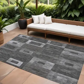8' X 10' Black And Gray Geometric Washable Indoor Outdoor Area Rug