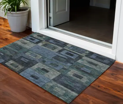 3' X 5' Blue Gray And Charcoal Geometric Washable Indoor Outdoor Area Rug