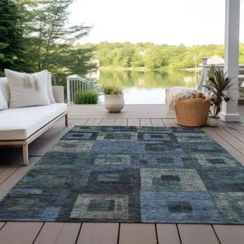 3' X 5' Blue Gray And Charcoal Geometric Washable Indoor Outdoor Area Rug