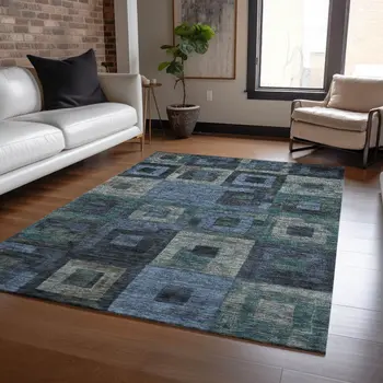 3' X 5' Blue Gray And Charcoal Geometric Washable Indoor Outdoor Area Rug