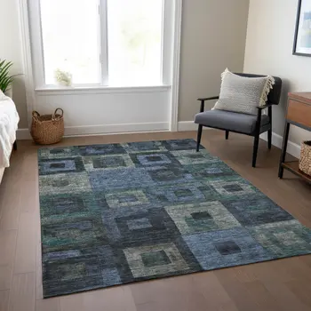 3' X 5' Blue Gray And Charcoal Geometric Washable Indoor Outdoor Area Rug