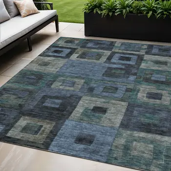 5' X 8' Blue Gray And Charcoal Geometric Washable Indoor Outdoor Area Rug