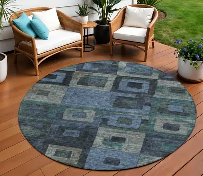 8' Blue Gray And Charcoal Round Geometric Washable Indoor Outdoor Area Rug