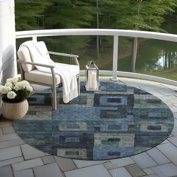 8' Blue Gray And Charcoal Round Geometric Washable Indoor Outdoor Area Rug