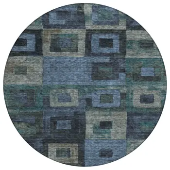 8' Blue Gray And Charcoal Round Geometric Washable Indoor Outdoor Area Rug