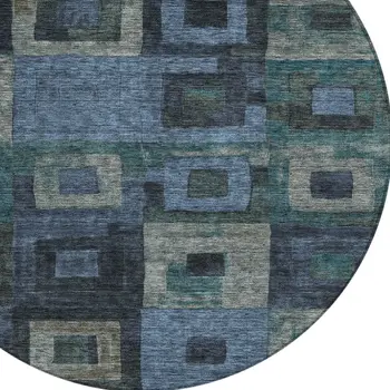8' Blue Gray And Charcoal Round Geometric Washable Indoor Outdoor Area Rug