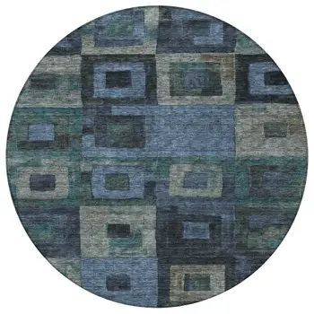 8' Blue Gray And Charcoal Round Geometric Washable Indoor Outdoor Area Rug
