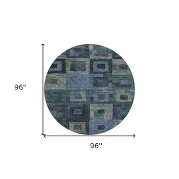 8' Blue Gray And Charcoal Round Geometric Washable Indoor Outdoor Area Rug
