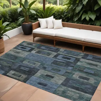 9' X 12' Blue Gray And Charcoal Geometric Washable Indoor Outdoor Area Rug