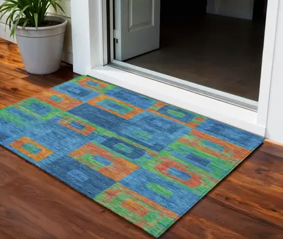 3' X 5' Denim Blue Green And Copper Geometric Washable Indoor Outdoor Area Rug