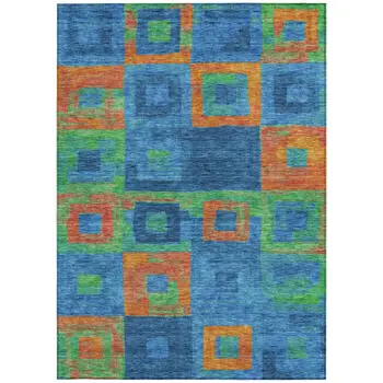 5' X 8' Denim Blue Green And Copper Geometric Washable Indoor Outdoor Area Rug